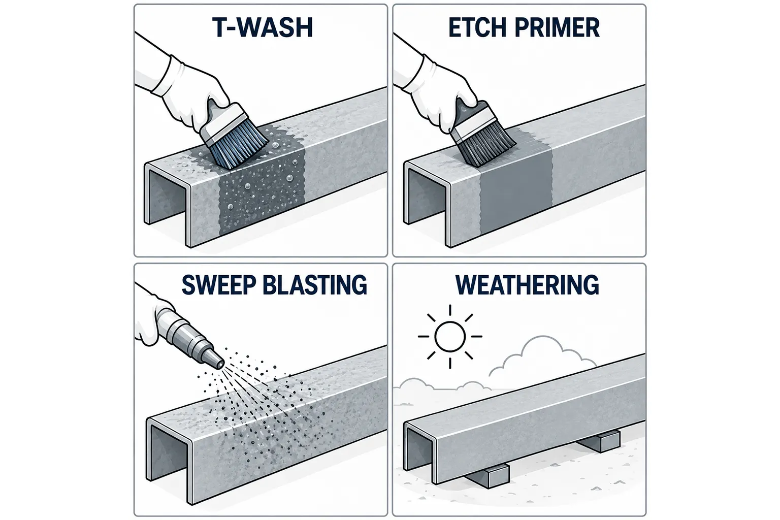 Step 2: Choose a Surface Pre-Treatment
This is the step that decides whether the paint stays put. The Galvanizers Association recognises four established methods, and which one suits your project depends mainly on whether the steel is newly galvanised or has already been outdoors for a while.
T-Wash, or a proprietary equivalent, is generally considered the best option for new galvanising. It's a modified zinc phosphate solution that leaves a visible dark grey or black discolouration where it's reacted, so you can see exactly where it's worked. It needs time to dry thoroughly before painting, and shouldn't be used on galvanising that's already weathered.
Etch primers work in a similar way and suit older, weathered galvanising better than T-Wash, though without a colour change, there's less certainty every surface has reacted evenly.
Sweep blasting uses a fine abrasive, such as copper slag, at low pressure to lightly roughen the surface without stripping away the coating. It's often used alongside a chemical treatment rather than instead of one.
Weathering relies on at least six months of outdoor exposure to naturally dull the zinc surface before it's cleaned and painted. It's the slowest option and isn't suitable in marine or other high-chloride environments.
